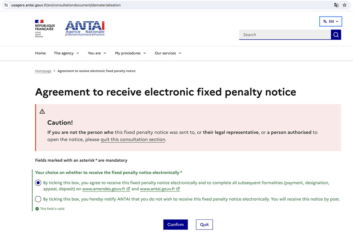 Example of a speeding fine received by email in France