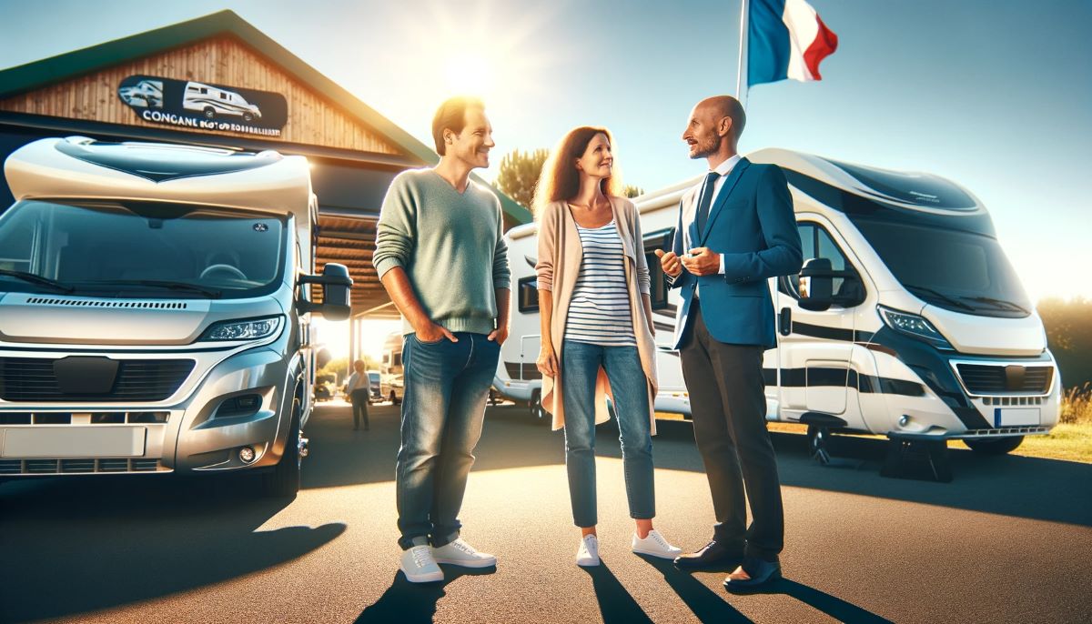 A couple and a sales representative standing together outside a motorhome dealership in France